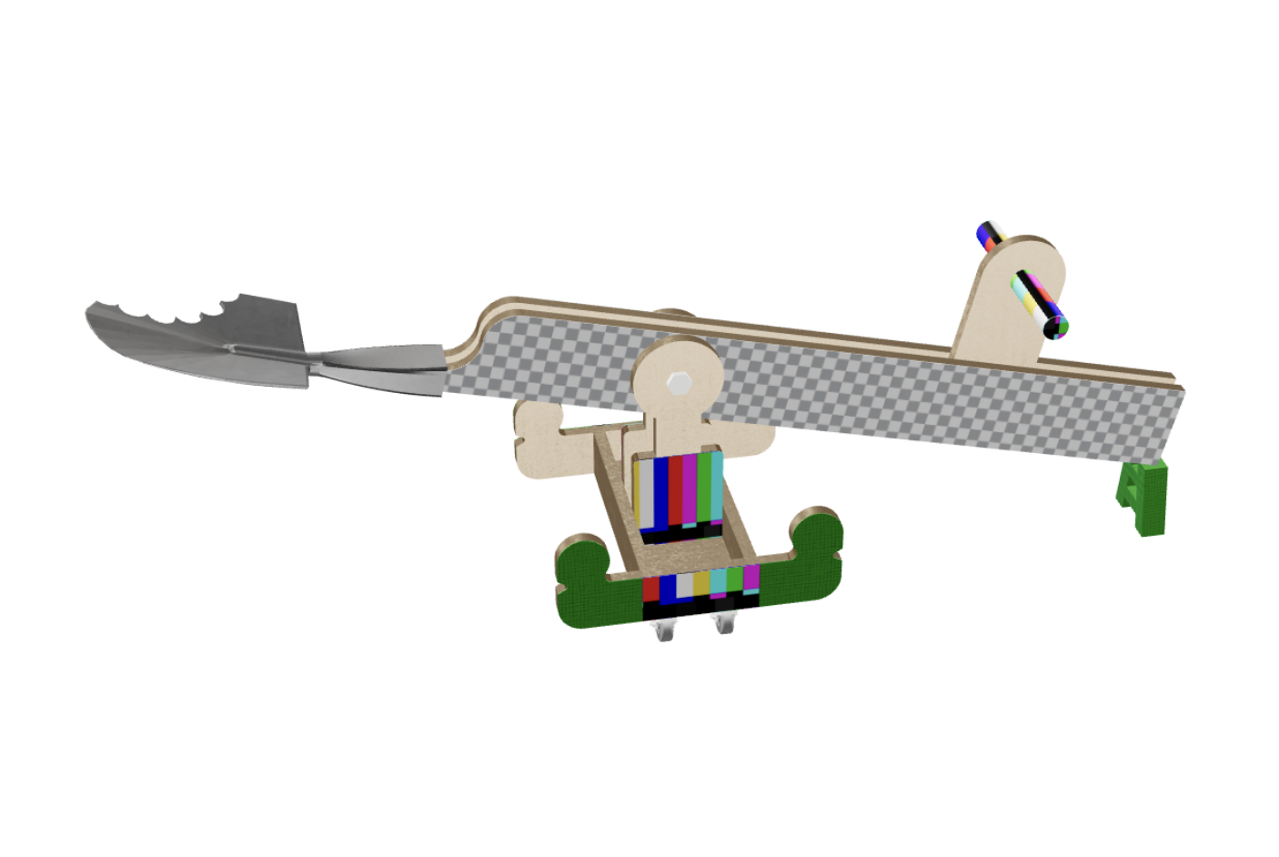 Digital version of Long seesaw-like wooden sculpture balanced on a colorful wheeled base, with small clamps along the beam and a gray shovel-shaped form at one end.
